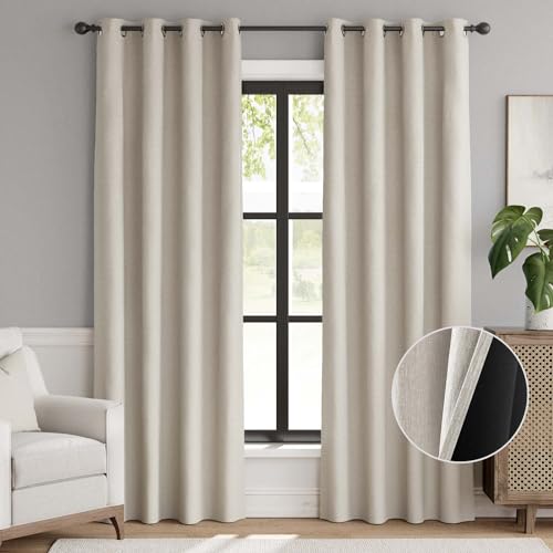 Jinchan 90% Blackout Curtain 90 Inch Length, Faux Linen Curtain For Living Room, Thermal Insulated Room Darkening Grommet Top Window Drape, 1 Panel Curtain For Bedroom Bone